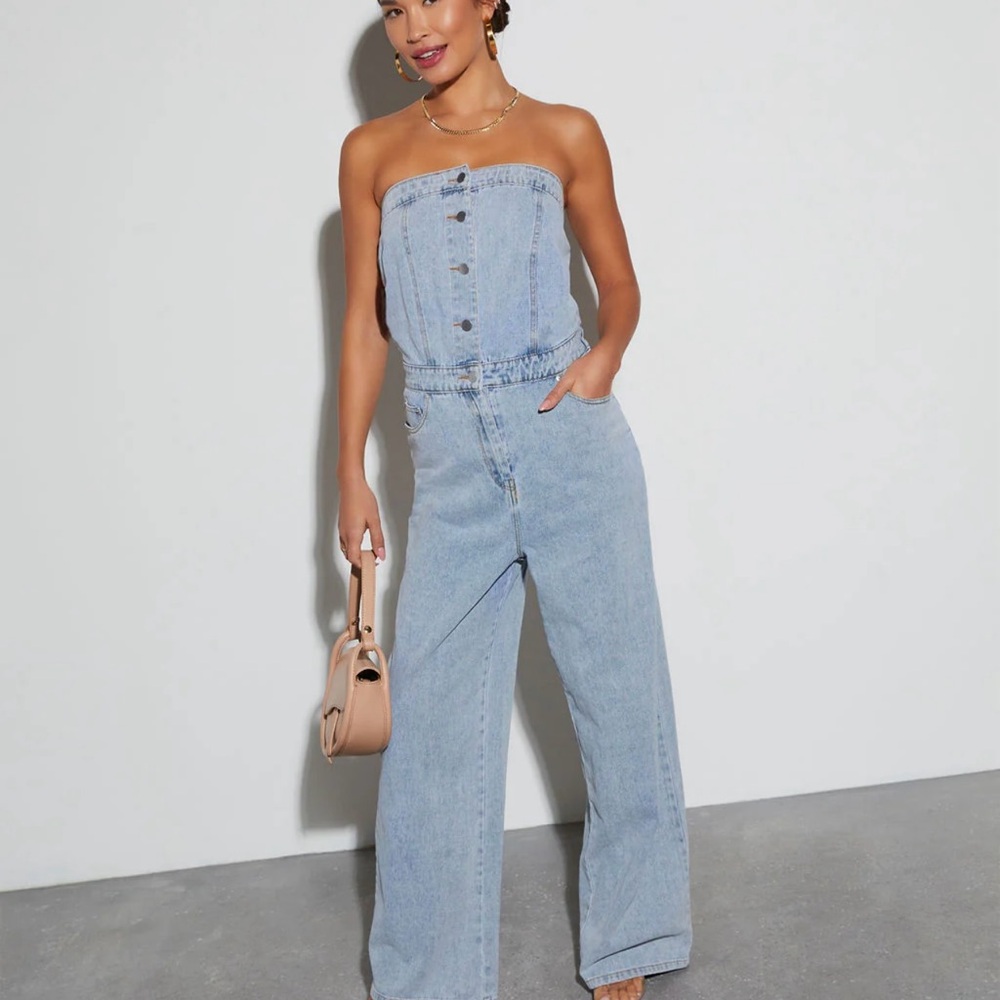 VICI Beverly Strapless Denim Jumpsuit